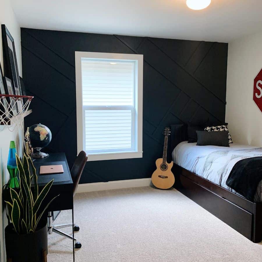 kids bedroom black feature wall guitar