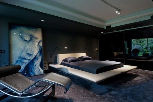 black bedroom with creative lighting