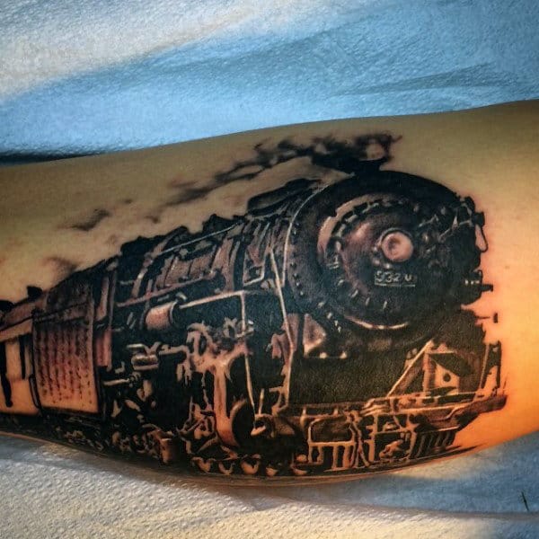 Black Bicep Locomotive Tattoos On Man
