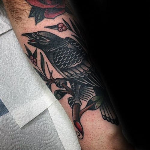 Black Bird Guys Retro Old School Traditional Forearm Tattoo Designs