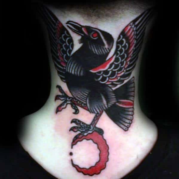 Black Bird With Red Moon Guys Traditional Neck Tattoo