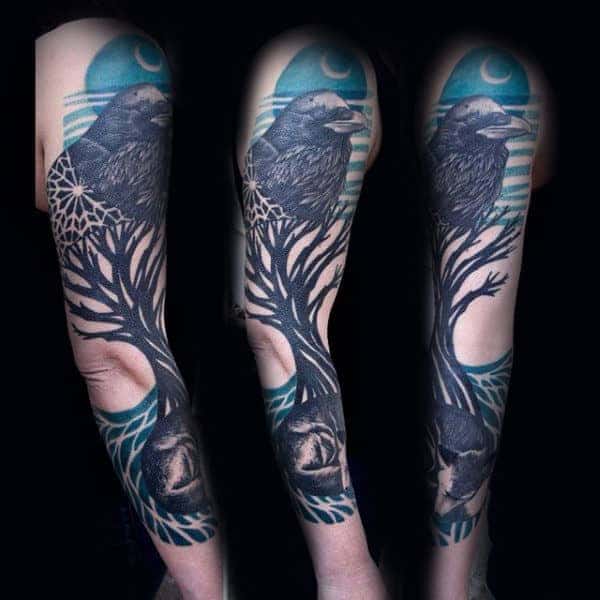 black-crow-and-fox-tree-sleeve-mens-tattoo-ideas