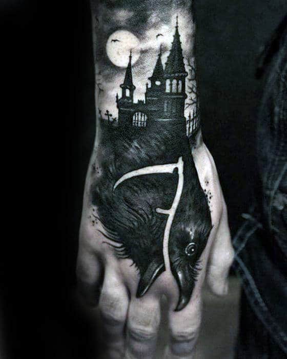 Black Crow With Castle Guys Badass Hand Tattoo