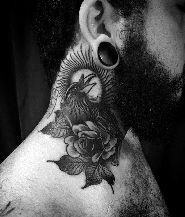 Black Crow With Flower Guys Traditional Neck Tattoo