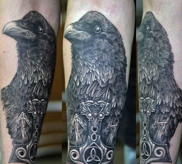 Black Crow With Mjolnir Mens Forearm Tattoo