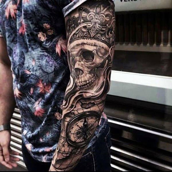 Black Crown Tattoo With Skull And Compass On Sleeves For Guys