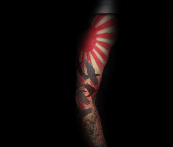 Black Crows Rising Sun Mens Full Arm Sleeve Tattoo