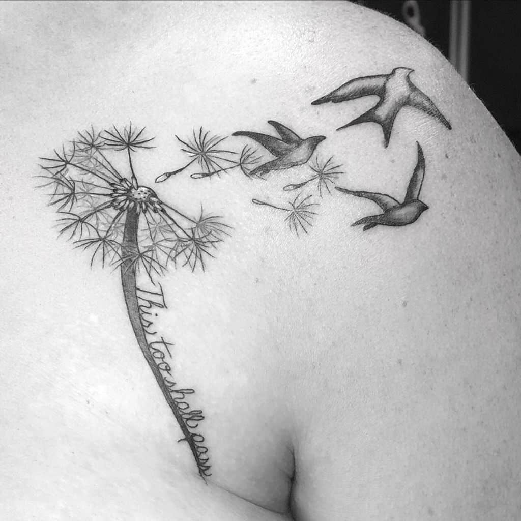 black dandelion tattoo with quote