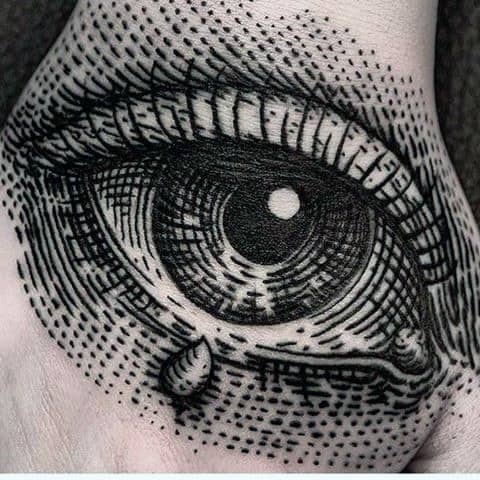 Black Dotted Design Eye Tattoo On Males Hand