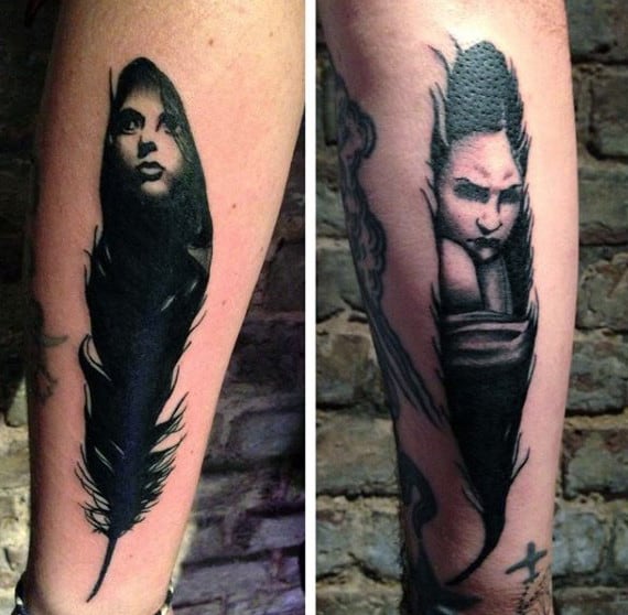 Black Feather Into Lady Tattoo On Calves For Males