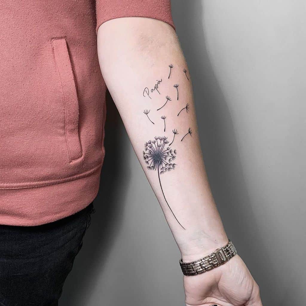 black fine line dandelion tattoo with quote