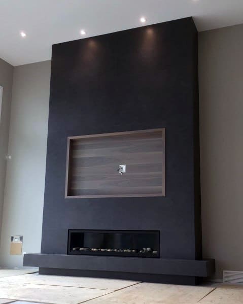 Black Fireplace Wall With Built In Wood Recessed Tv Frame