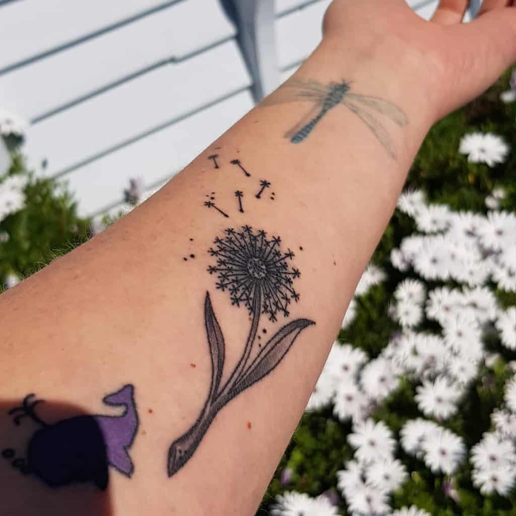 black flower wrist dandelion tattoo