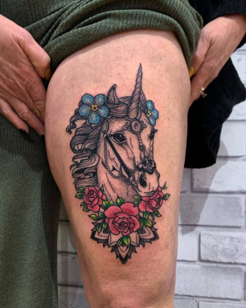 Black Gray Beast Halter Hair Horn Pretty Blue Pink Flowers Color Unicorn Tattoo