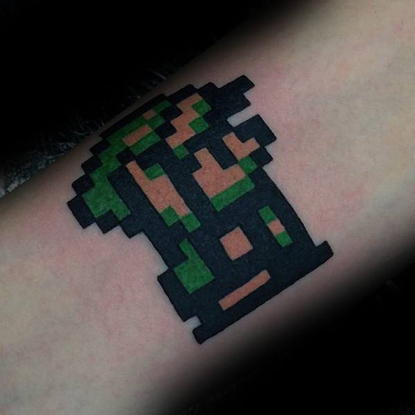 Black Green And Tan 8 Bit Video Game Guys Inner Forearm Tattoo