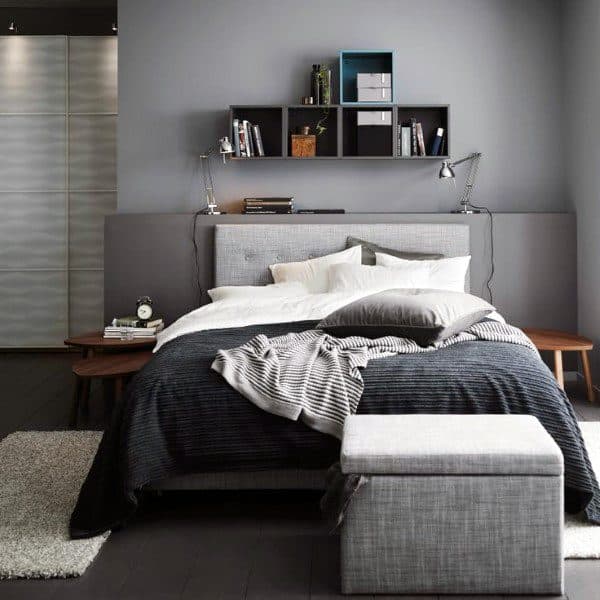 modern bedroom above bed shelving ottoman