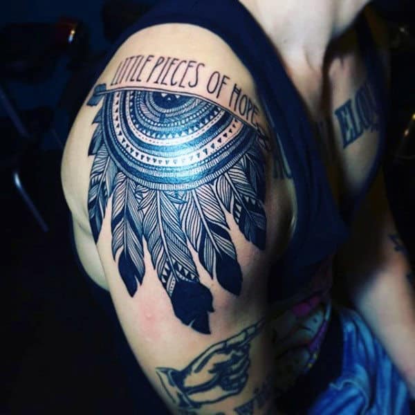 Black Henna Inspired Feather Tattoo For Men On Shoulder