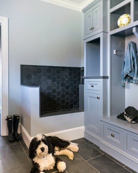 black hexagon tiles home dog wash station white cabinet 