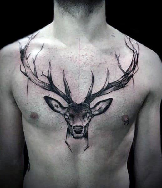 Black Ink Antler Tattoo Designs For Guys On Chest