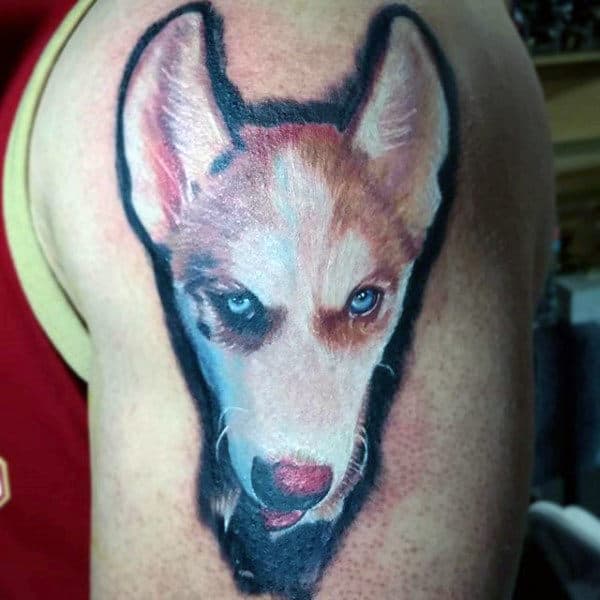 Black Ink Background Shaded Dog Upper Arm Male Tattoos