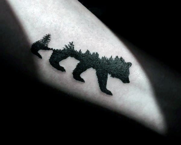 Black Ink Bear With Trees Male Forest Forearm Tattoo