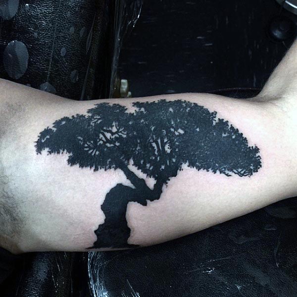 Black Ink Bold Bonsai Tree Bicep Guys Tattoos