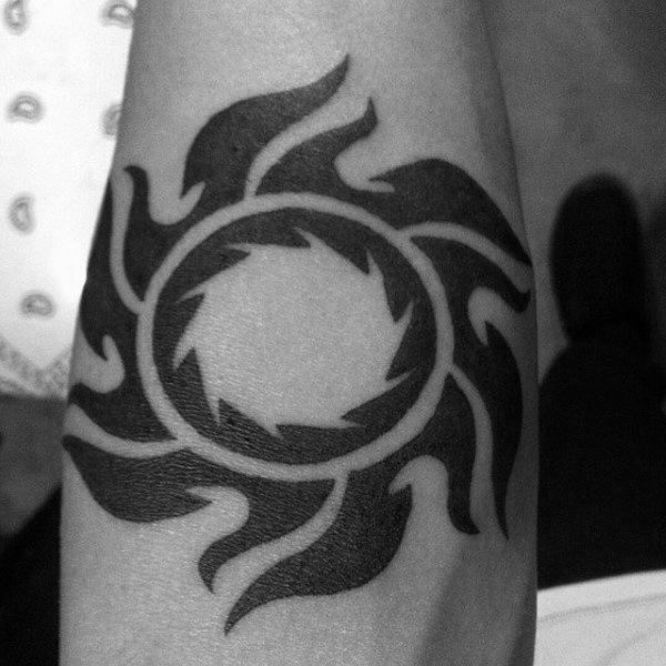Black Ink Bold Mens Inner Forearm Tribal Sun Tattoos