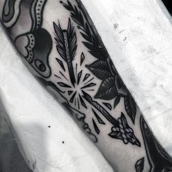 Black Ink Broken Arrow Traditional Male Forearm Tattoo