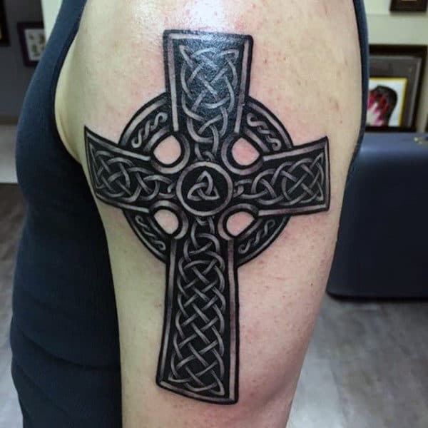 Black Ink Celtic Knot Upper Arm Mens Cross Tattoos