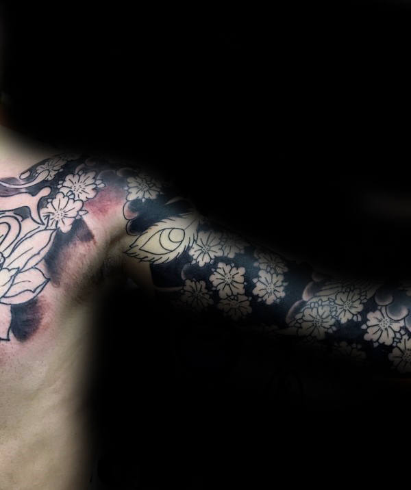 Black Ink Cherry Blossom Male Tattoo Inspiration Full Sleeve Design