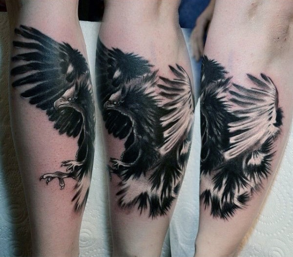 Black Ink Cool Shaded Hawk Calf Tattoo For Guys
