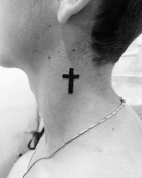 Black Ink Cross Simple Christian Mens Neck Tattoo Ideas
