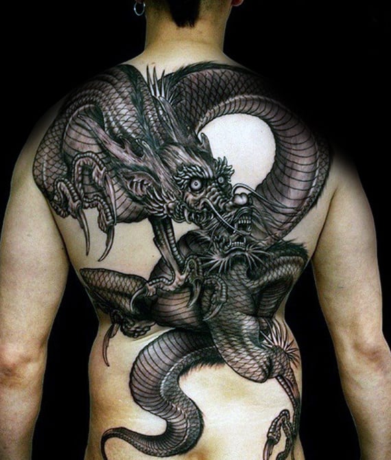 Black Ink Dark Chinese Dragon Mens Full Back Tattoo Designs