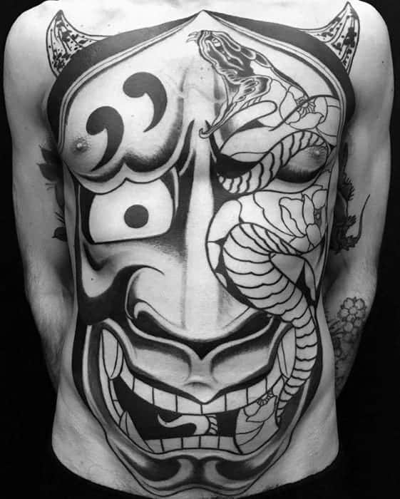 black-ink-demon-mask-full-chest-japanese-snake-tattoo-on-men