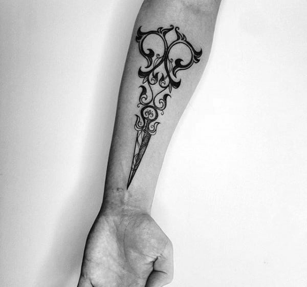 Black Ink Detailed Mal Scissor Tattoo Inspiration On Inner Forearms