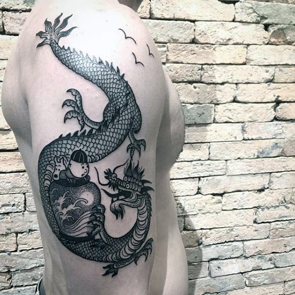 Black Ink Detailed Mens Dragon Arm Tattoo Designs