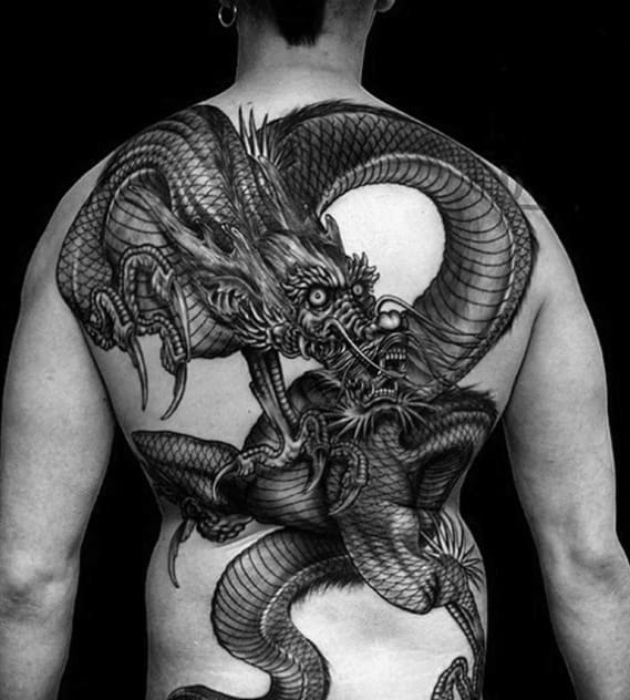 Black Ink Dragon 3d Guys Full Back Tattoo
