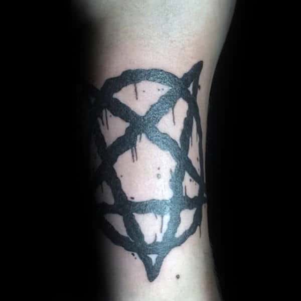 Black Ink Dripping Pentagram Tattoo Male Forearms