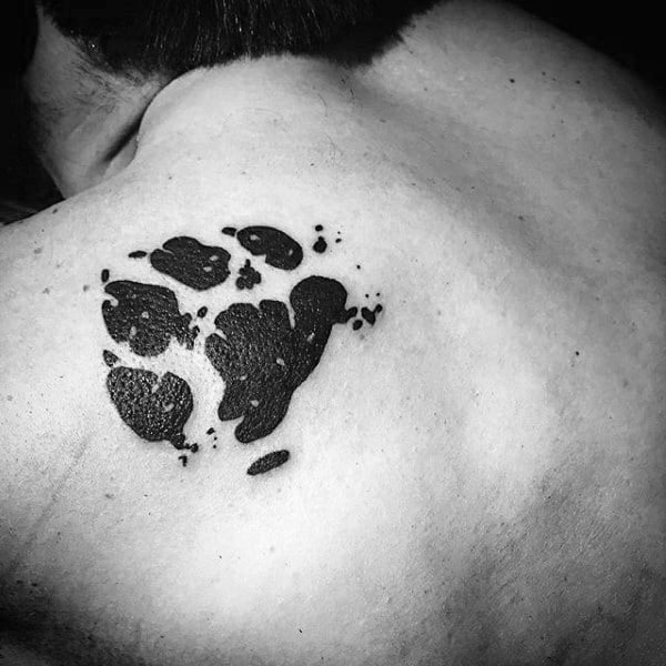 Black Ink Footprint Mens Dog Upper Shoulder Tattoo