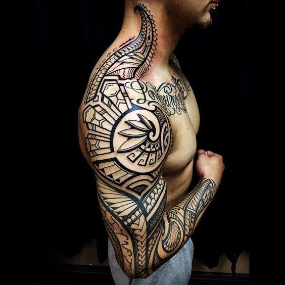 Black Ink Full Arm Sleeve Amazing Mens Tribal Neck Tattoo Designs