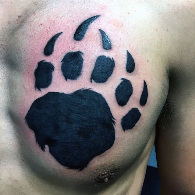 Black Ink Furry Bear Claw Male Upper Chest Tattoos