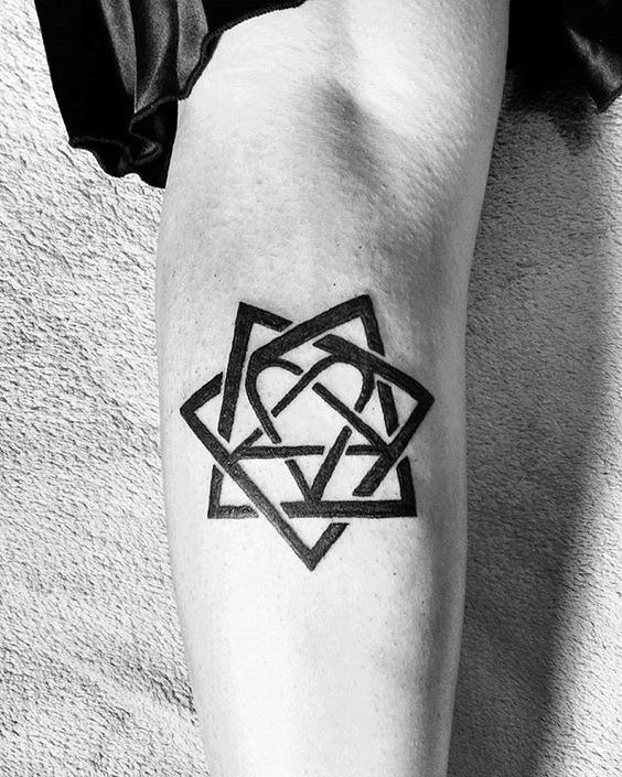 Black Ink Geometrical Heartagram Mens Leg Calf Tattoo Designs