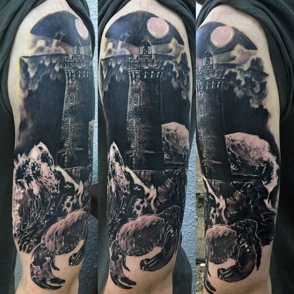 Black Ink Guys Nautical Lighthouse Arm Tattoo Designs
