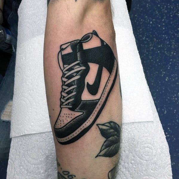 Black Ink Guys Retro Nike Sneaker Forearm Tattoo Ideas
