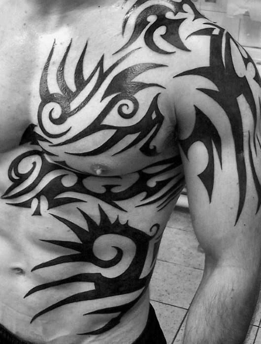 Black Ink Guys Sick Traditional Arm And Half Chest Tribal Tattoos