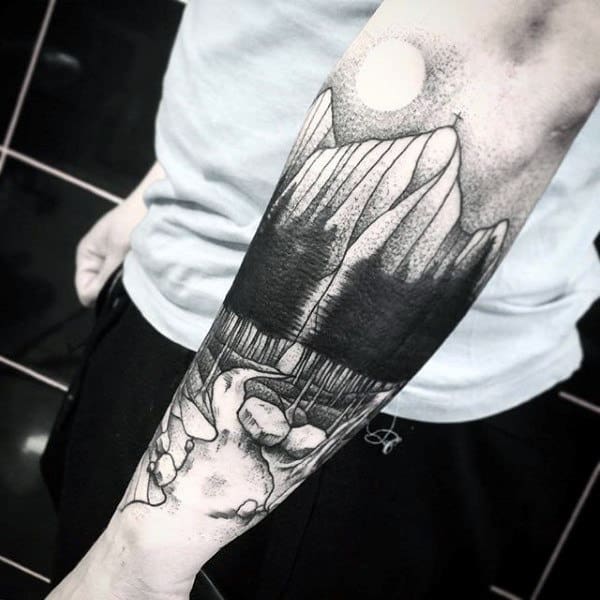Black Ink Guys Trees And River Landscape Outer Forearm Tattoos