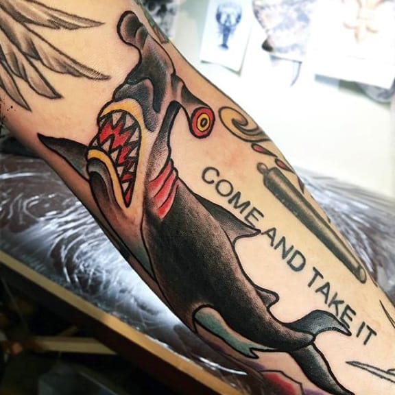 Black Ink Hammerhead Shark Old School Mens Tattoos On Arm
