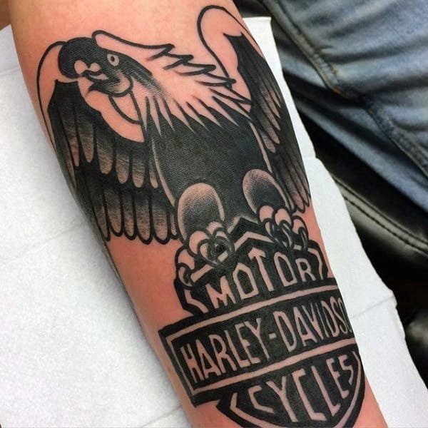 Black Ink Harley Davidson Logo Tattoos For Guys Old School Design With Eagle