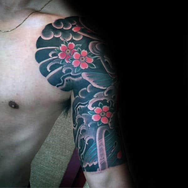 Black Ink Japanese Cherry Blossom Floral Male Half Sleeve Tattoo Ideas.