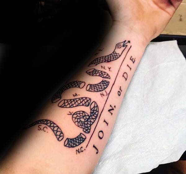 Black Ink Join Or Die Mens Inner Forearm Tattoo Inspiration